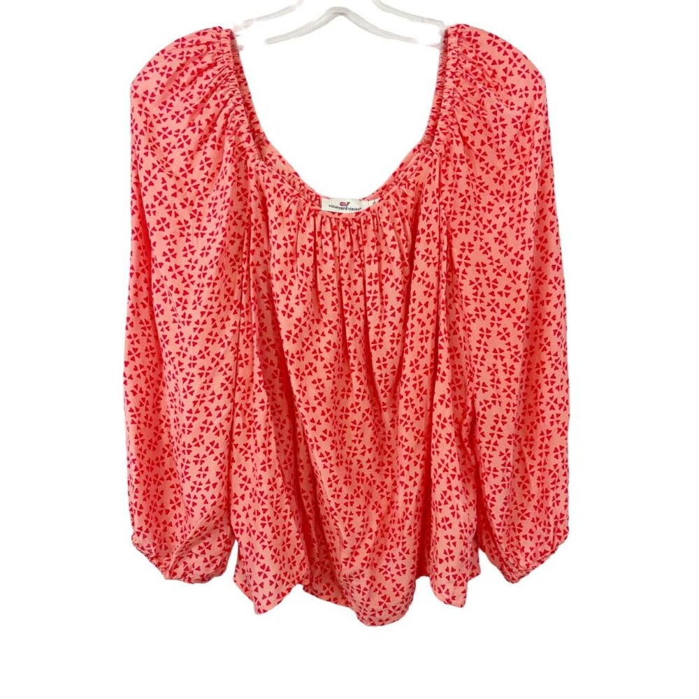 Vineyard Vines Pink Geometric Print Square Neck Top Balloon Sleeve - Size Medium